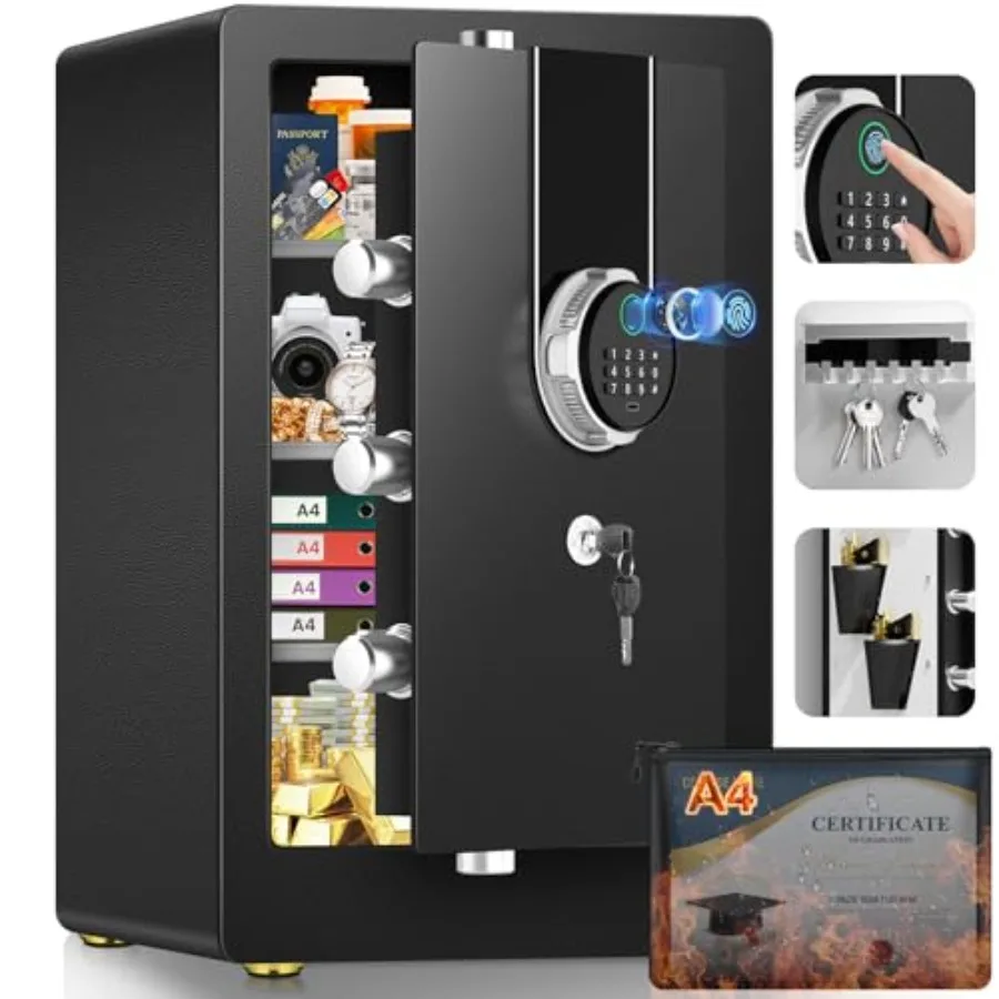 

Биометрический сейф-шкаф высотой 23,62 см, большой, для дома, водонепроницаемый, огнестойкий, для документов, с нижним скрытым отсеком, защита от кражи, двойная защита