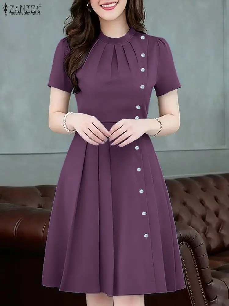 

ZANZEA Elegant Chic Women A-Line Pleated Dresses Trendy O-Neck Short Sleeve Buttons Detail Solid Color Knee-Length Dress S-3XL