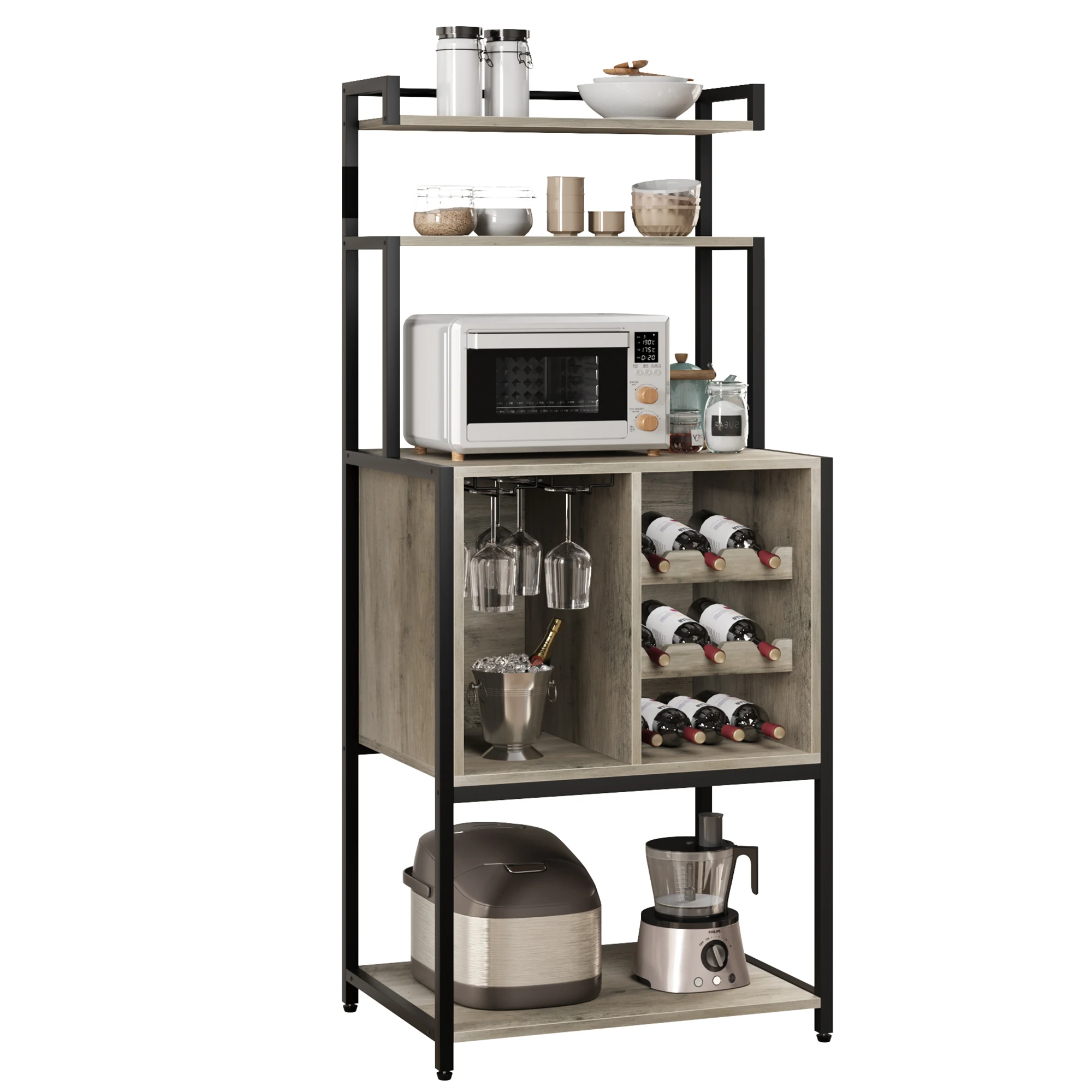 5 Tier Kitchen Baker Rack with Storage Microwave Oven Stand Wine Bar Rack Cabinet w/ Glass Rack Wine Bottle Holder Freestanding