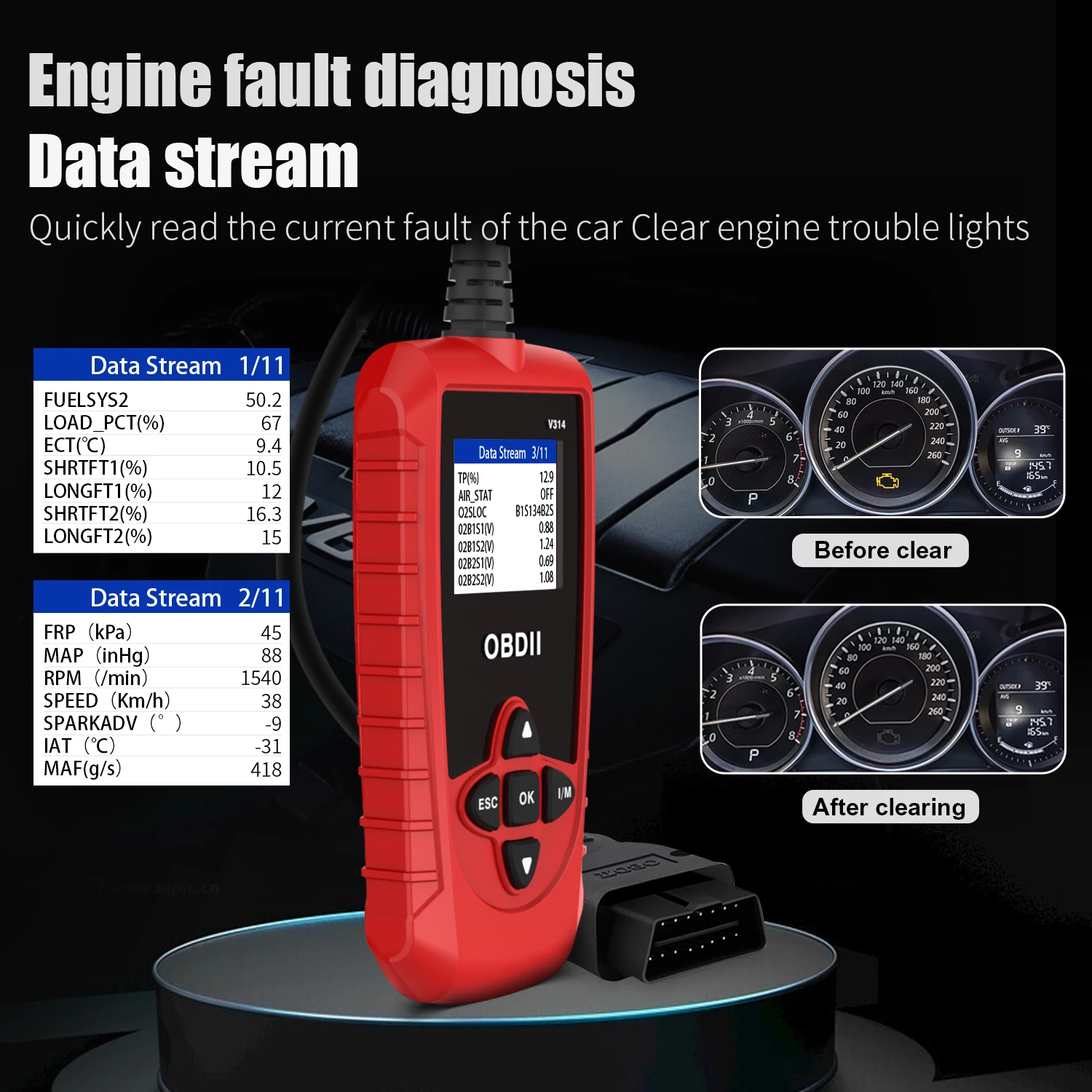 

V314 OBD2 Scanner - Handheld Vehicle Inspection and Fault Diagnostic Tester with Live Data, Battery Test, and More - USB Powered