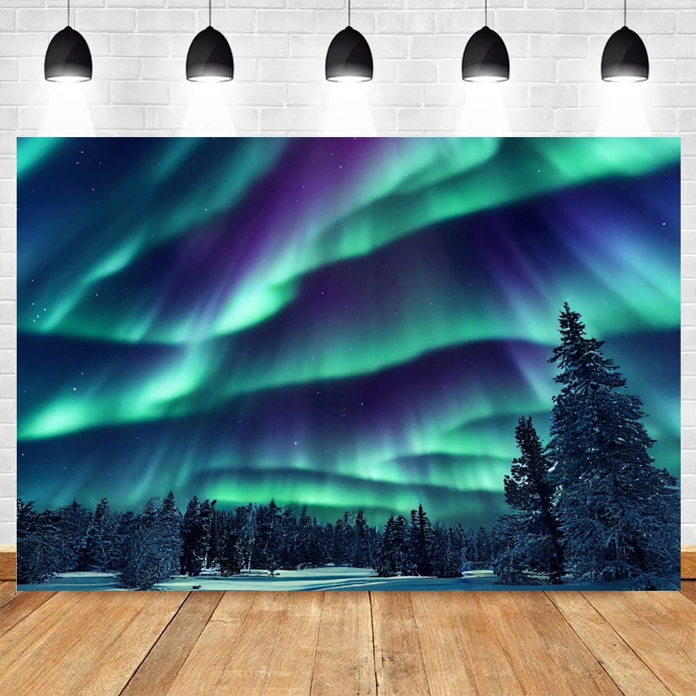 الشتاء أورورا ليلة المشهد الطبيعي خلفية القطب الشمالي الثلوج توج الجبال بحيرة السماء المرصعة بالنجوم المشهد خلفية التصوير الدعائم