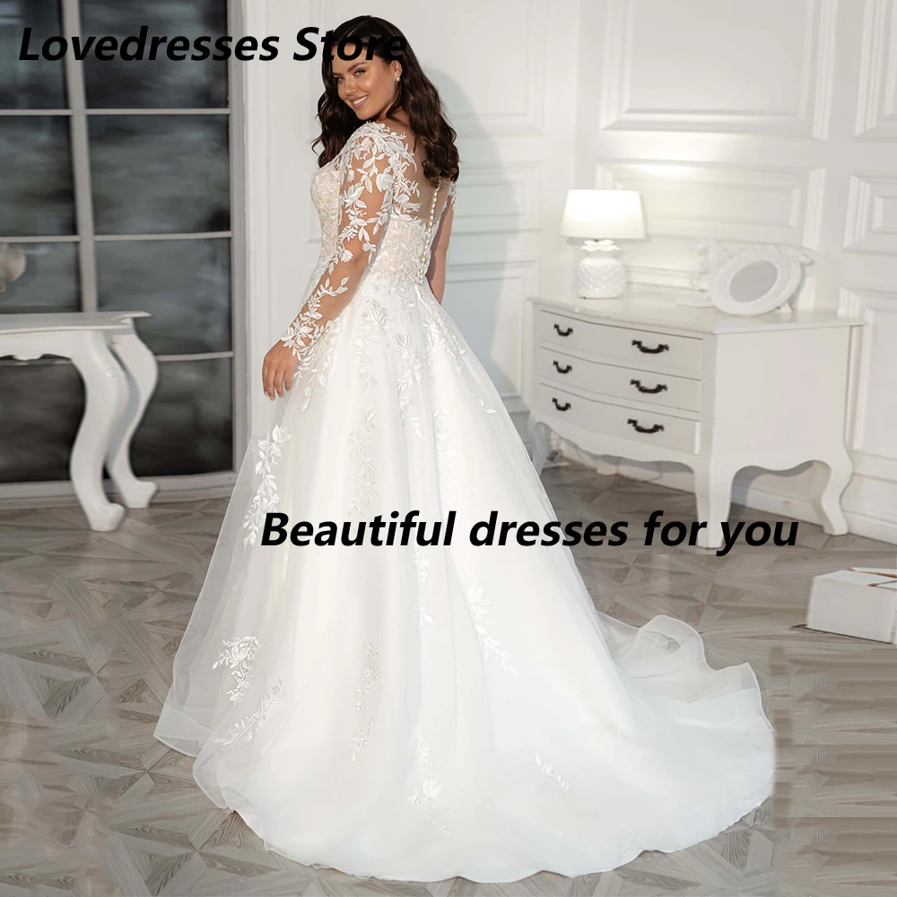 ชุดแต่งงานไซส์ใหญ่ ผ้าลูกไม้ สง่างาม สำหรับผู้หญิงรูปร่างใหญ่ แขนยาว คอวี ทรงเอไลน์ ผ้าทูลล์ ชุดเจ้าสาว  สามารถสั่งตัดได้