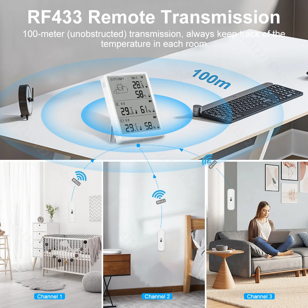 For RF433 Wireless Temp Humidity Sensor WiFi Digital Weather Station Wall Thermometer Hygrometer Clock Indoor Outdoor