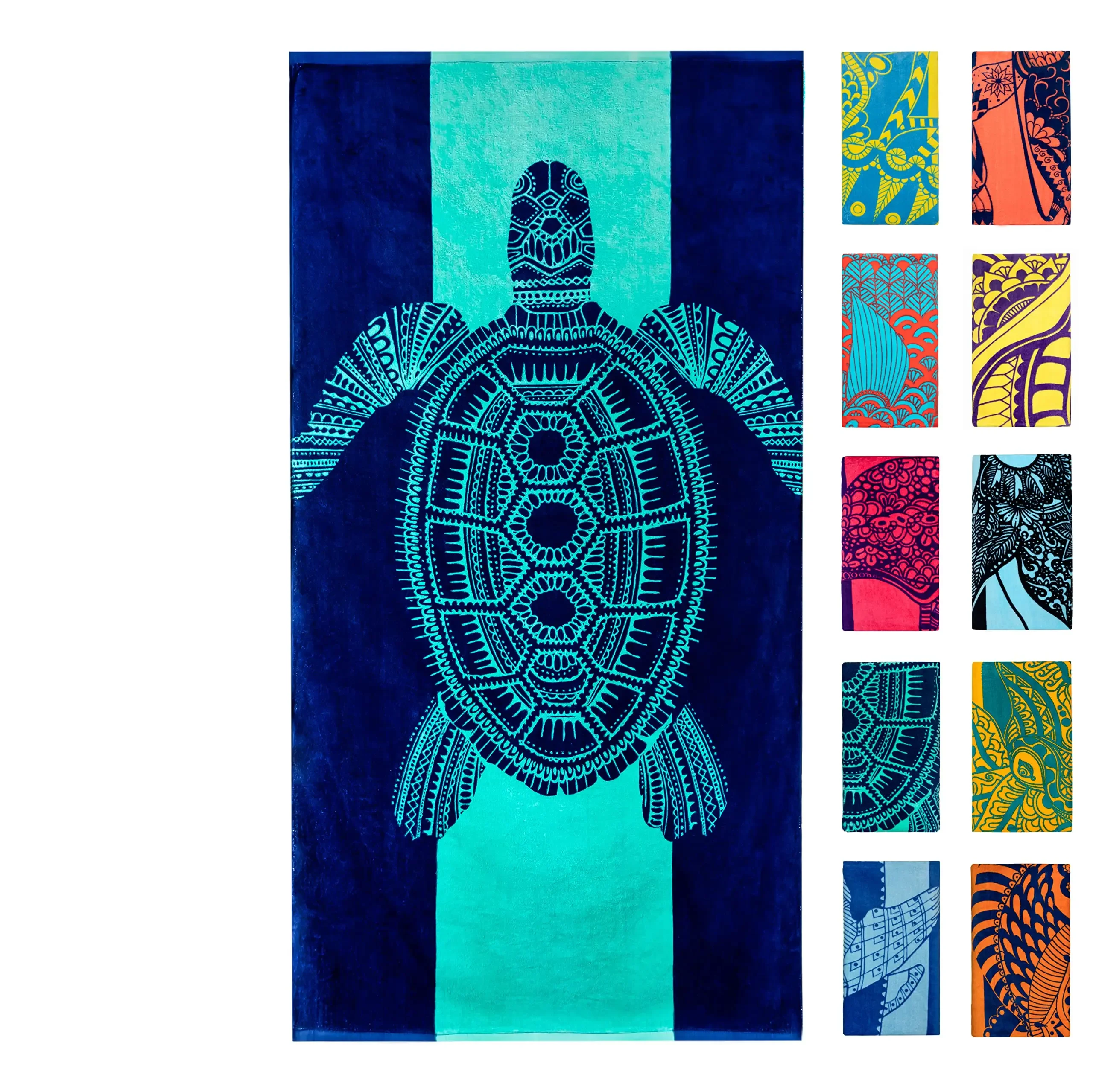 Blue Turtle Sea Animal Beach Towel,Tropical Hawaii Blue Yellow Colors Absorbent Sand Free Thick Microfiber Pool Towel