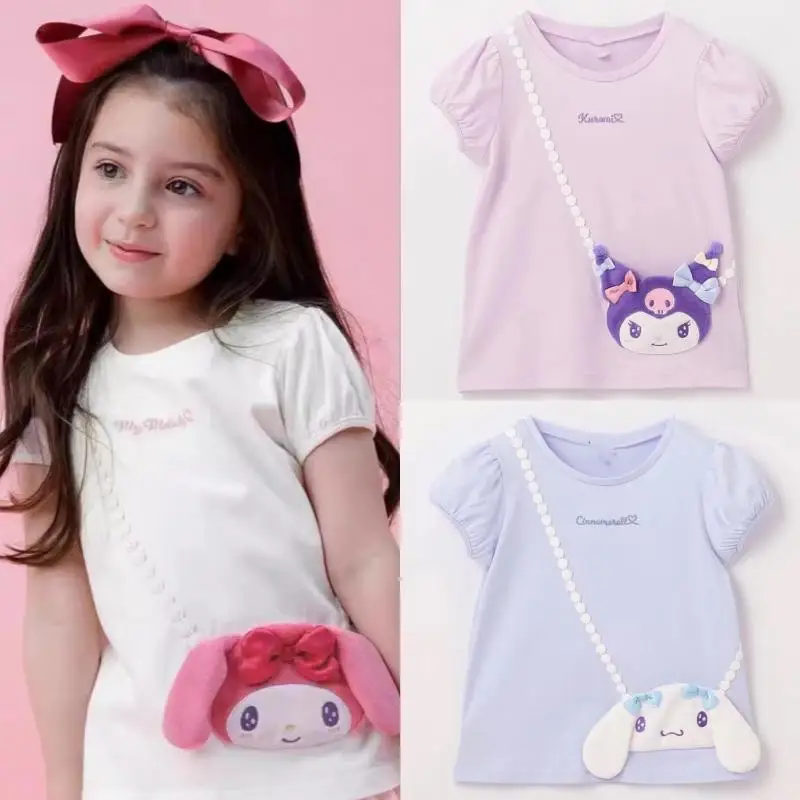 

Kawaii Kuromi My Melody Cinnamoroll летняя футболка для девушек аниме Sanrio милый топ из чистого хлопка с пышными рукавами для девушек