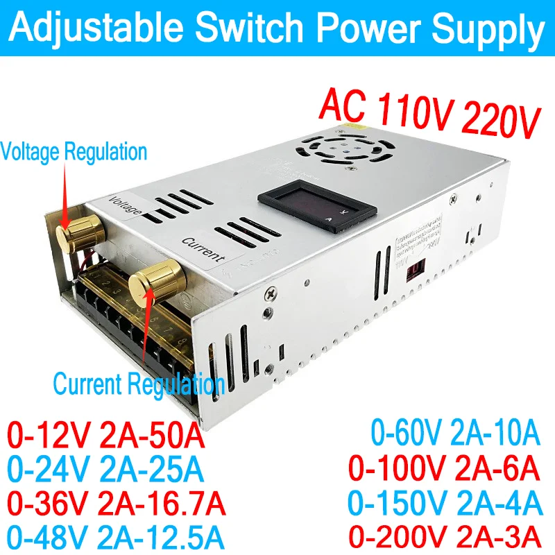 디지털 디스플레이 조절식 변압기 LED 드라이버, 0- 12V 볼트 DC 전원 공급 장치, AC 220V-12V 24V 36V 48V 60V 100V 150V 600W