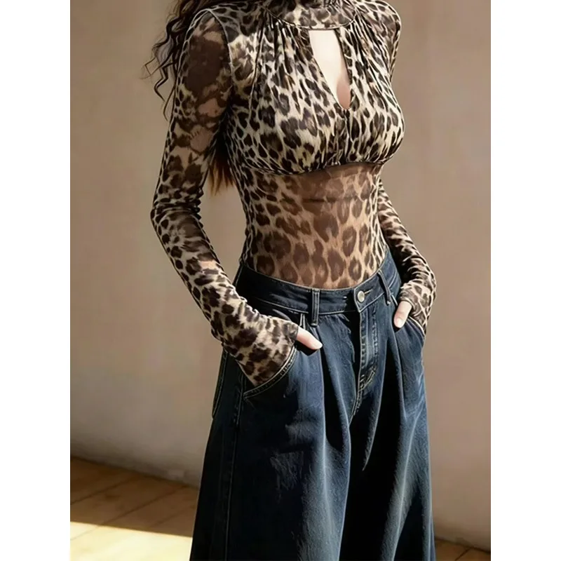 New Mesh Sun Protection Sexy Leopard Print Versatile Feminine Slimming Long-sleeved Cross-laced Top for Women Fashion Commuting
