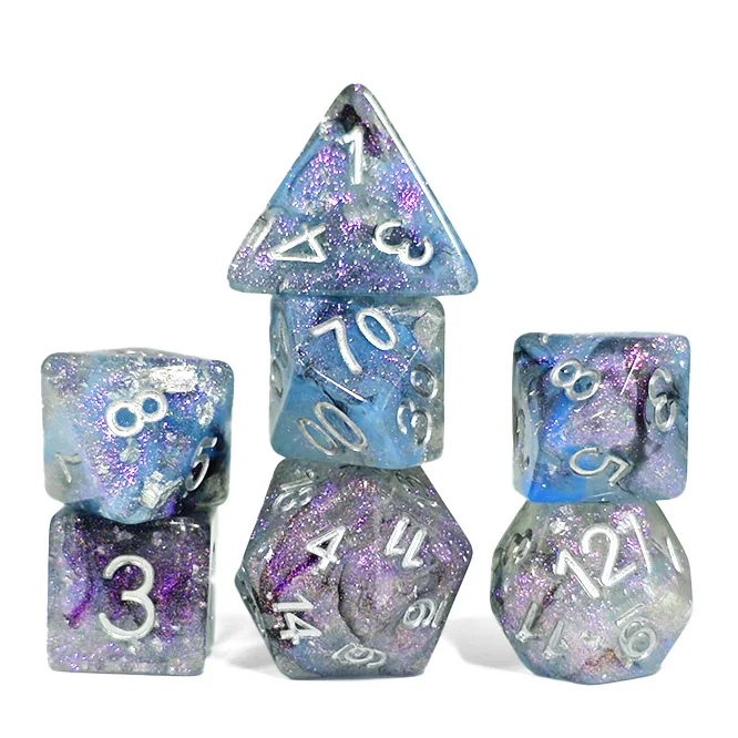 7Pcs/Set Resin Galaxy Theme Dice Starlight Effect Unique DND Polyhedral Dice Set for TRPG Games Board Games Number Decorations