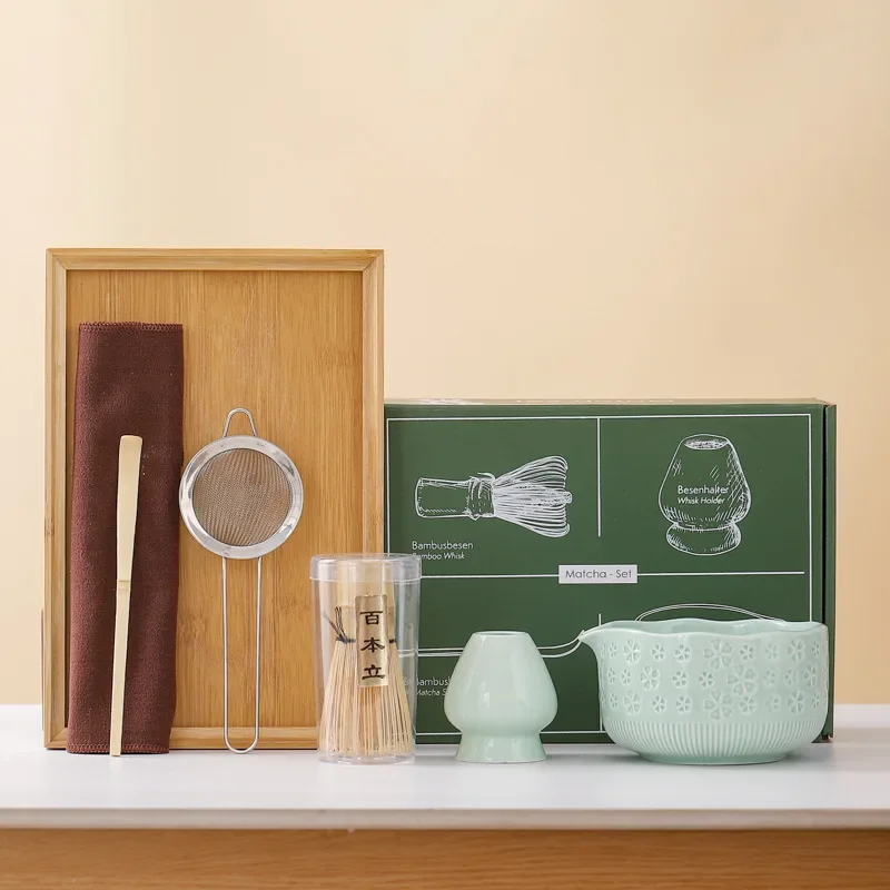 Green Ceramic Matcha Bowl Matcha Tool Set Gift Box Matcha Brush Tea