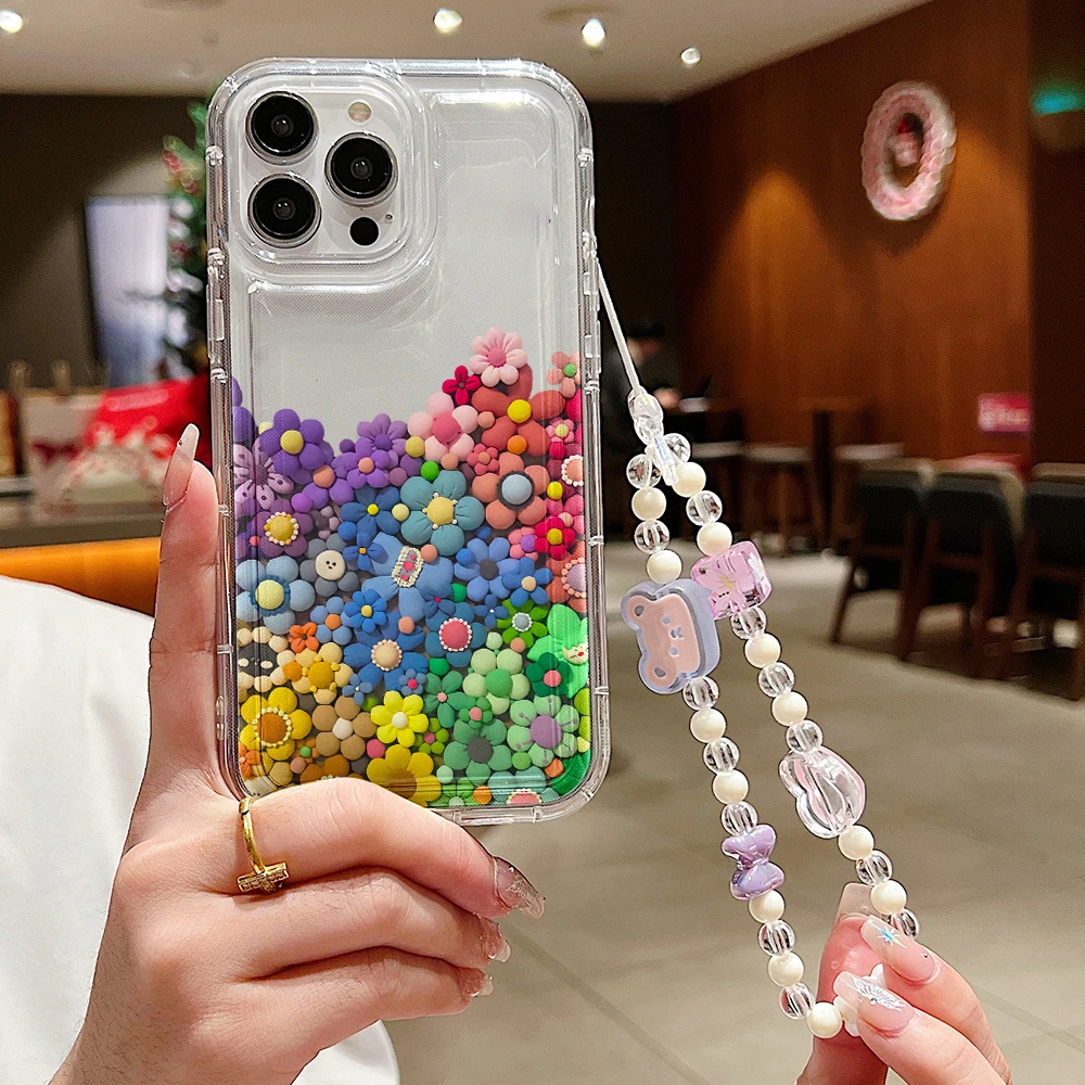 Flower Wrist Chain Phone Case For Samsung A15 A35 A55 A54 5G A53 A52 A52S A51 A14 A13 A23 A24 A33 A34 A50 A32 A71 A73 Case Cover