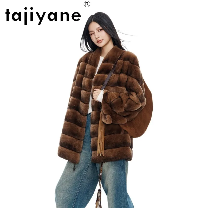 TAJIYANE Real Rex Rabbit Shearling Fur Coat Woman Mid‑Length Overcoat Oversized Fur Jacket Winter Furry Outerwear Warm Chic Шуба