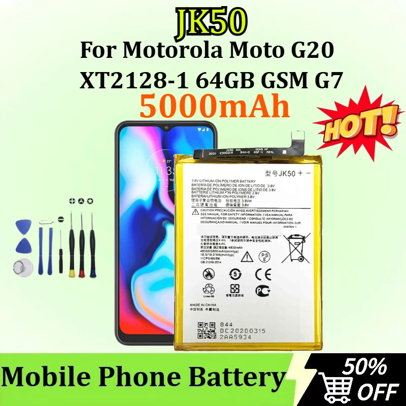 

JK50 5000mAh for Motorola Moto G20 XT2128-1 64GB GSM G7 Power XT1955 XT1942-1 Z3 XT1941 G30 P30 Note Mobile Phone Battery+Tools