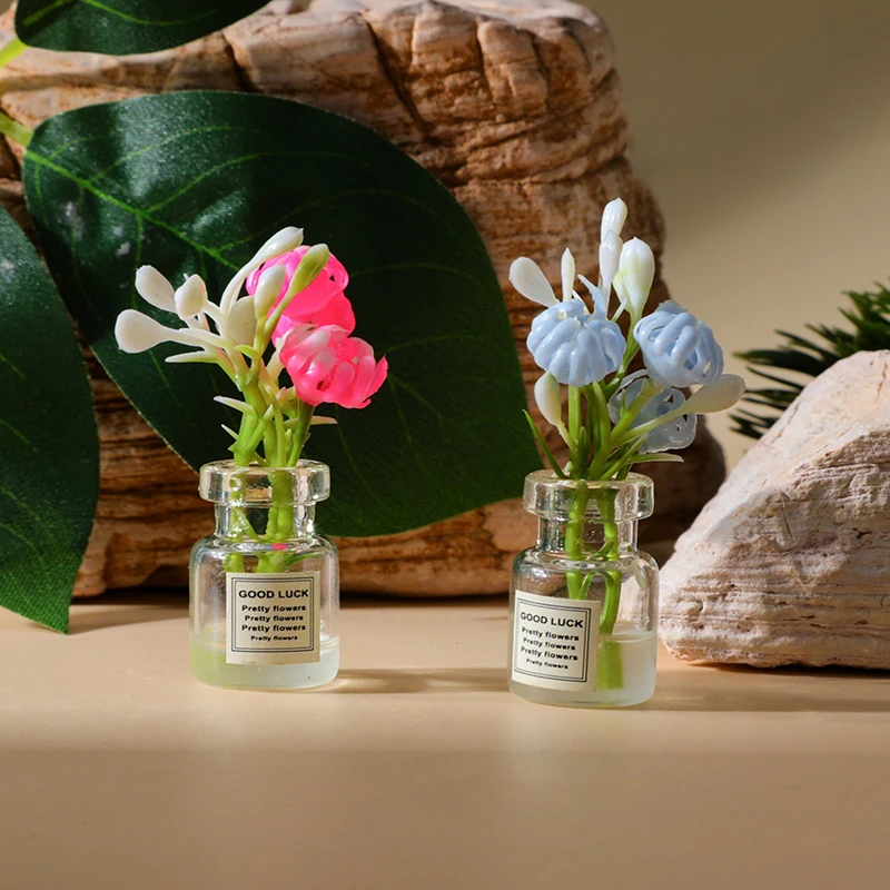 【BS】2 Peças Mini Vaso de Flores Acessórios para Casa de Bonecas Simulação Rosa Pink Jasmim Branco Mini Arranjo Floral Modelo Miniatura