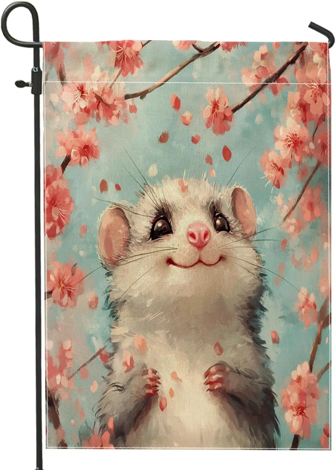 Spring Funny Possum Garden Flags 12x18 Inch Double Sided for Outside, Pink Flower Cartoon Smile Standard Vertical Canvas Hou PPZ