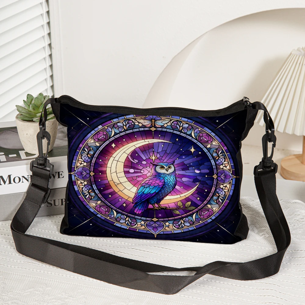 

1pc Owl Moon Stained Glass Pattern Crossbody Bag Black Magical Night Sky Design Shoulder Bags For Women Girls Fashion Casual Tra