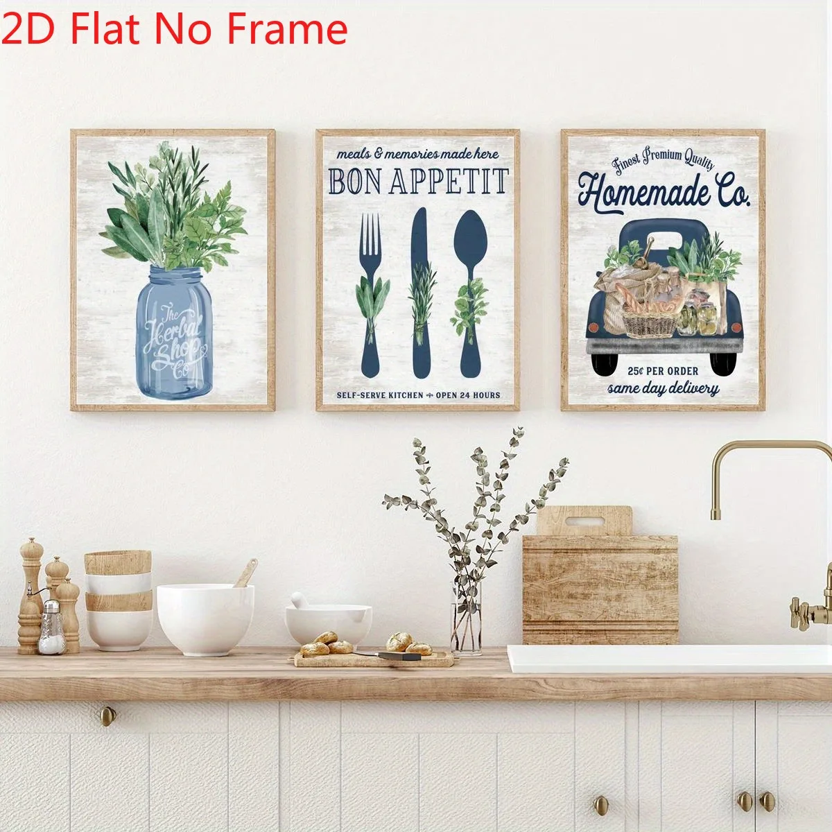 （NoFrame 3pcs）-2D Flat, 2D Flat, 3pcs 2D Flat Navy Blue Kitchen Wall Art Prints - Farmhouse Style, with Fork, Spoon, And Car