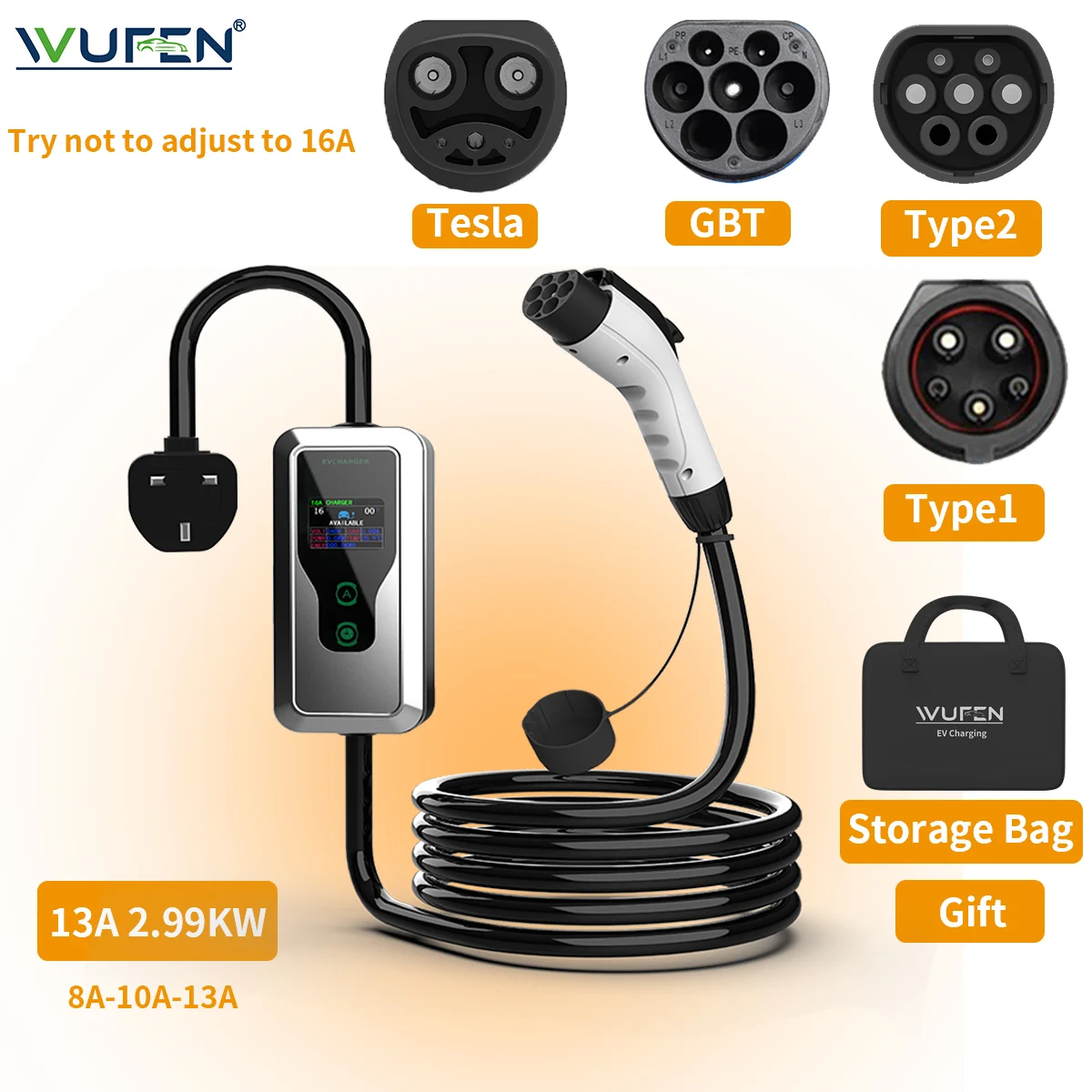 WUFEN UK 플러그 타입2 GBT 타입1 NACS EV 충전기 2.99KW EVSE 자동차 가정용 충전 휴대용 8/10/13A 조절 가능 가정 및 야외용