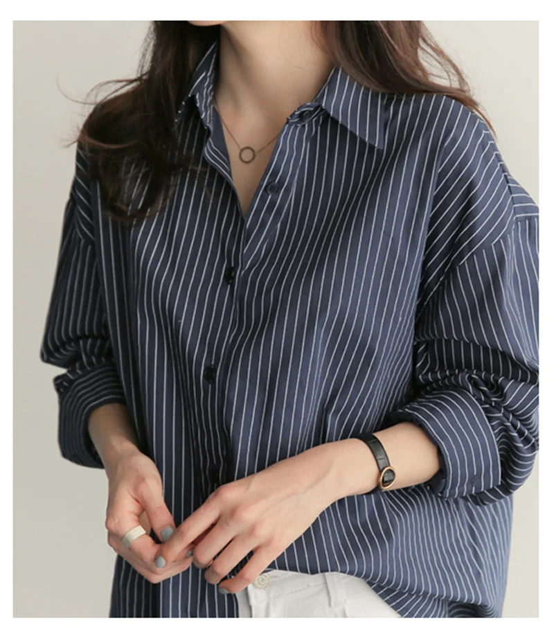 Spring Autumn Long-sleeved stripe Summer shirt Turndown collar Vintage Women  Lace Tops Hollow out White Bloues