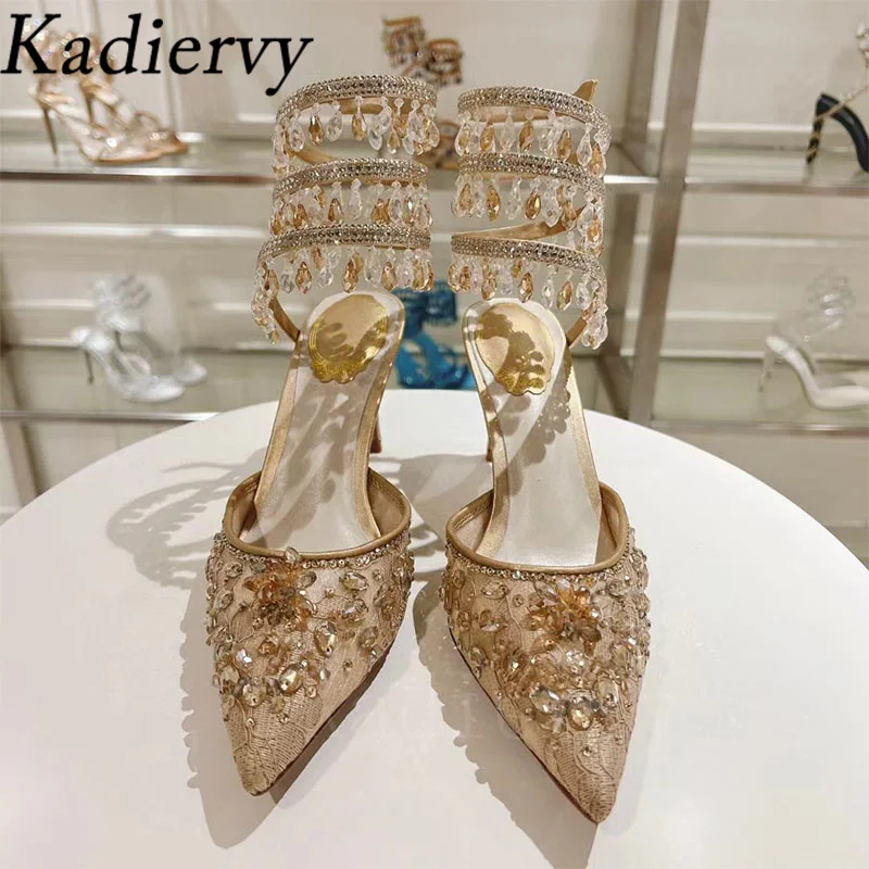 Summer High Heels Shoes Women Crystal Pendant Snake Twine Around Ankle Strap Party Shoes Pointed Toe Mesh Pumps Sandals Woman