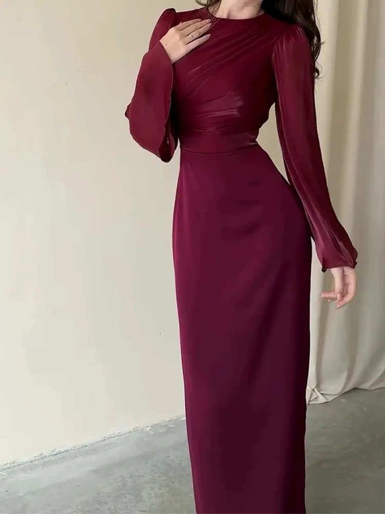 우아한 단색 슬림 랩 힙 드레스 패션 여성 새틴 기품 있는 롱 드레스 섹시한 O넥 긴팔 스플라이스 이브닝 드레스