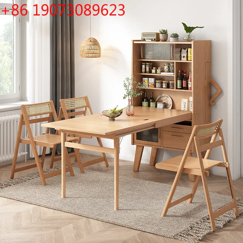 

Retractable dining table Solid wood rectangular eating table Side cabinet Integrated folding dining table