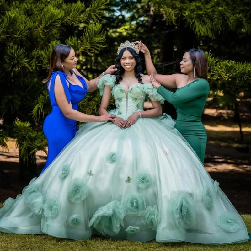 Vestidos de quinceañera personalizados de color verde menta con hombros descubiertos, apliques de encaje con capas de flores, Tull, cola larga, 15 quinceañera