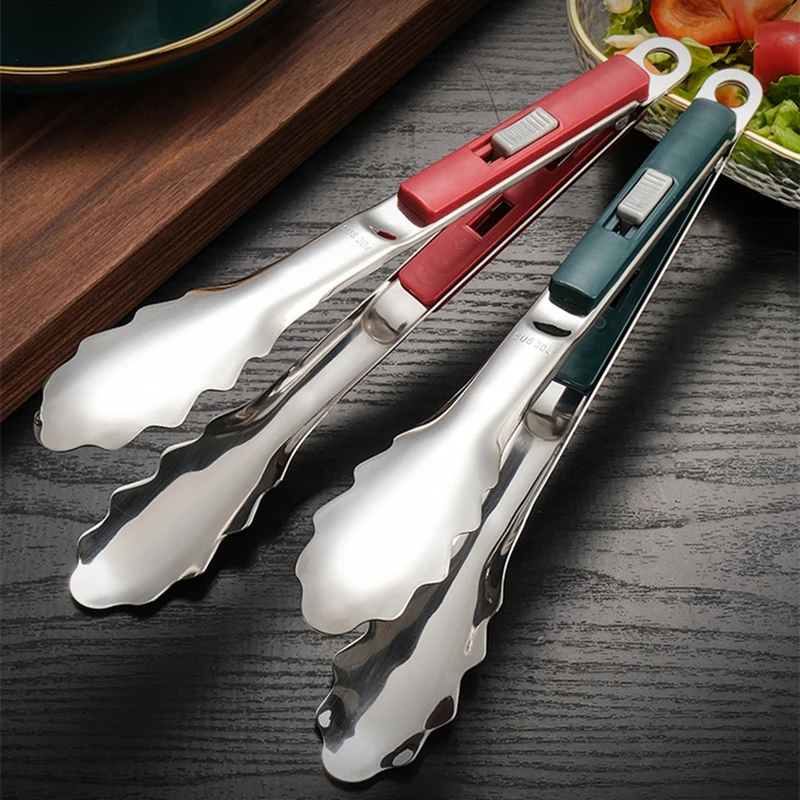 Stainless Steel Food Barbecue Grill Tongs Buffet Clip Non-Stick Clamp Sliding Button Kitchen Cooking Accessories