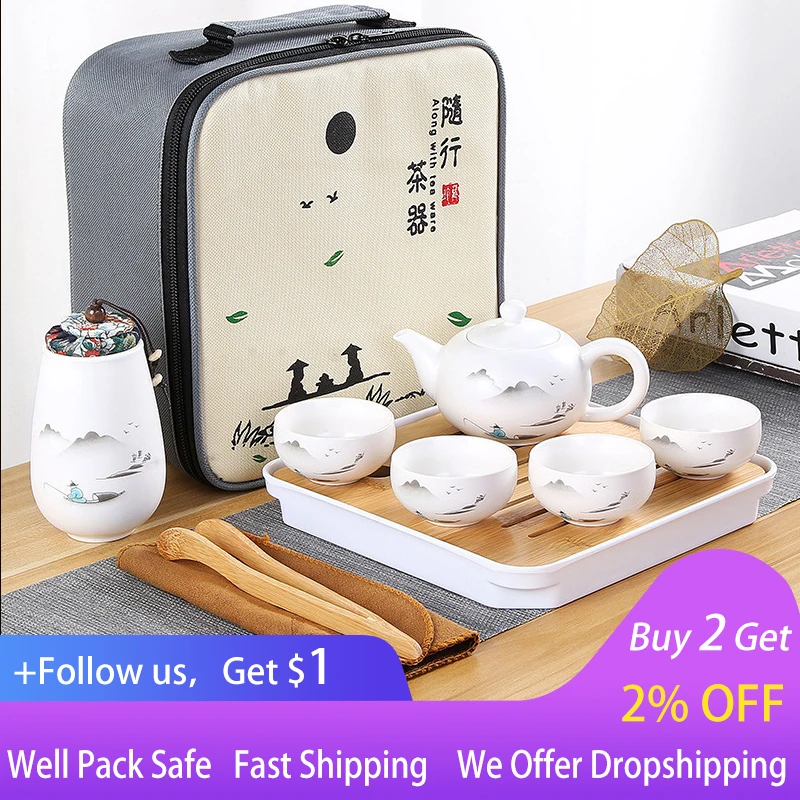 

Ceramic Teapot One Pot Four Cup Outdoor Travel Kung Fu Teapot Tote Bag Travel Cup Set Tcup Gift Tea Set Chinese Tea Set Designer