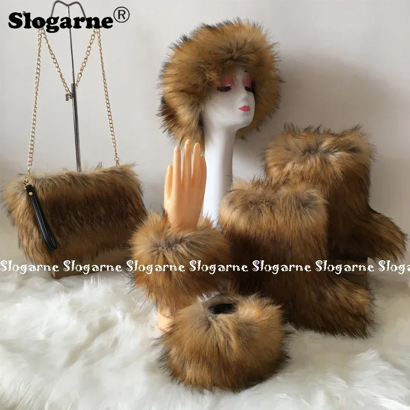 New Women Faux Fur Fashion Sets Winter Luxury Furry Snow Boots Racoon Fur Boots Fur Purse Handbag Plush Warm Fluffy Ski Headband