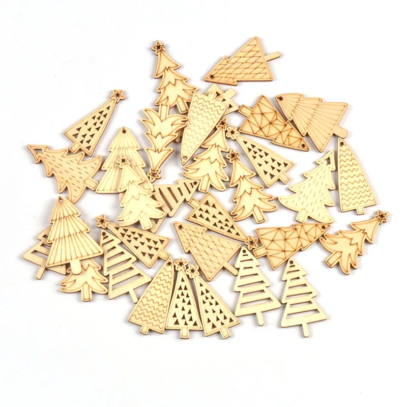 25pcs 5x3cm Unfinished Christmas Tree Wood Pieces Hanging Pendant DIY Handmade Crafts Xms Oranments Party Home Decoration c4116