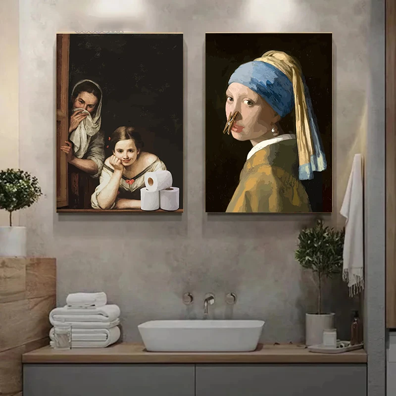 Funny Bathroom Toilet Decoration Painting Mona Lisa Wearing Pearls Girl with Roll Paper Canvas Prints Posters Home Wall Decor