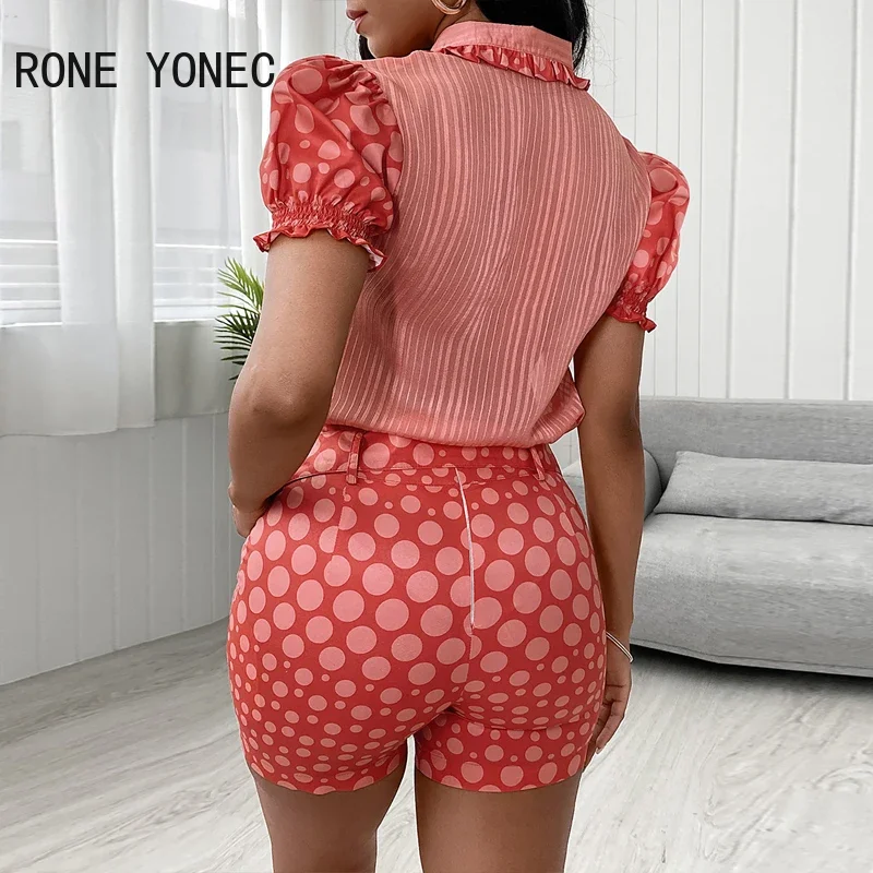 Women Polka Dot Print Puff Sleeve Top & High Waist Shorts Set Women Sweet Suit with Belt