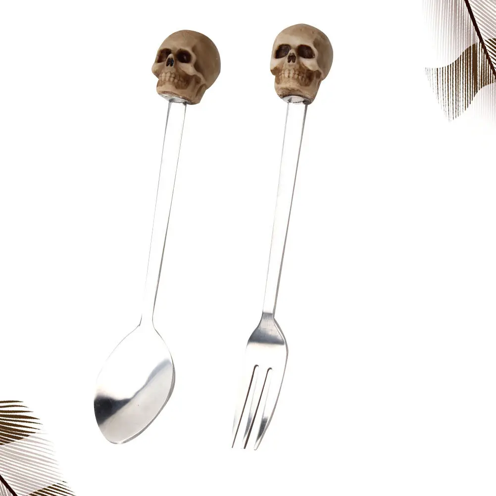 2Pcs Stainless Steel Fork Spoon Set Skull Design Rust Resistant Portable Tableware for Travel Dining Flatware Cutlery view 5