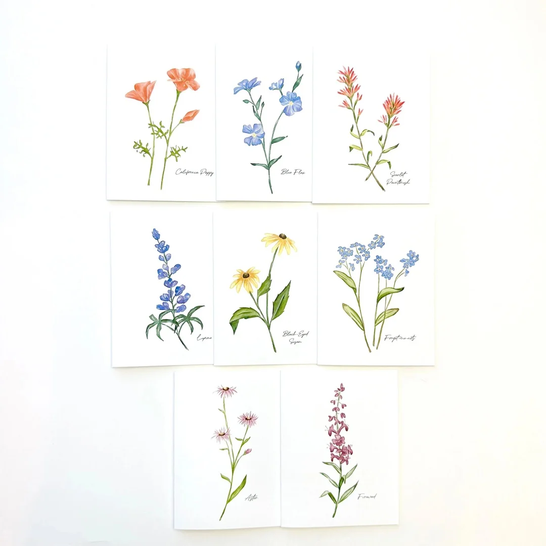 Notecard set, wildflower card set, floral stationary, watercolor greeting cards, set of 8 wildflower card set, box of 8