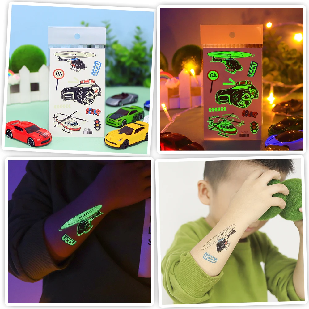 VeeCharm - Vehical Cars and Trucks Temporary Tattoos, Glow In The Dark,  for Party Favors, Kids, Classroom Gifts, 1/16 Sheet