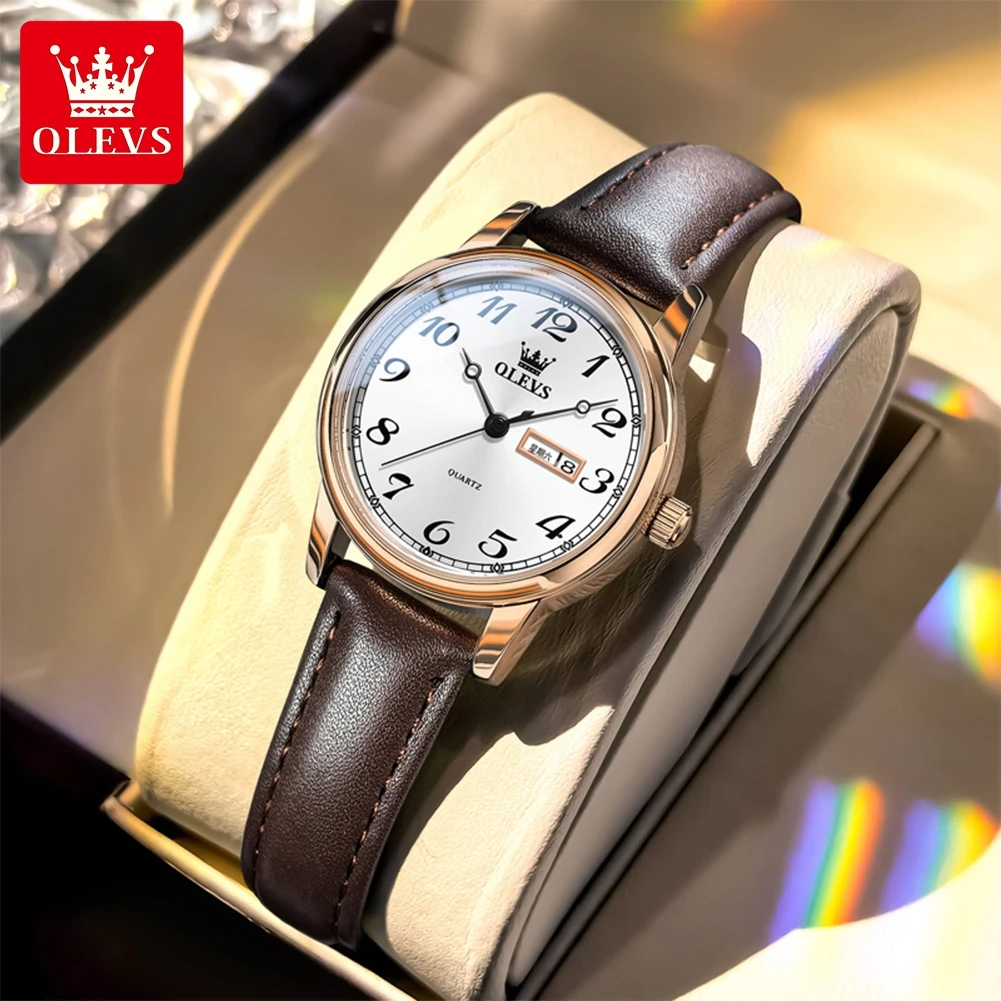 OLEVS New Fashion Woman Watches Leather Strap Women Quartz Wristwatches Original Design Week Date Ladies Clock Relogio Feminino