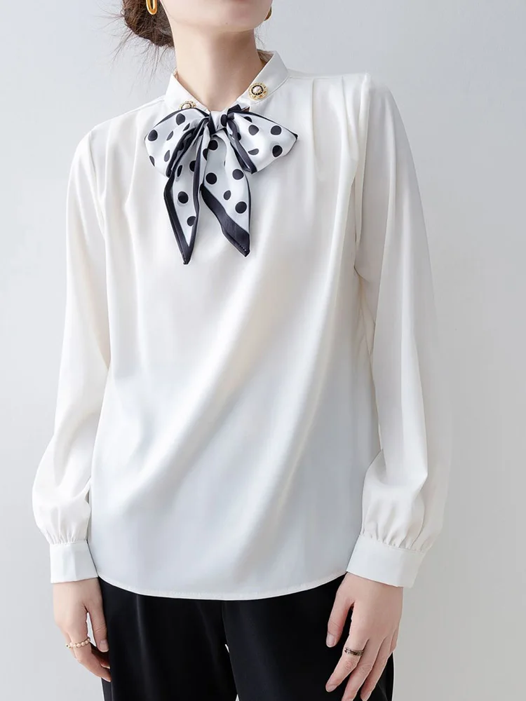 

French Elegant White Shirt Women Sweet Bow Lace Up Long Sleeve Slim Blouse Spring Casual O Neck Vintage Office Lady Sweet Tops