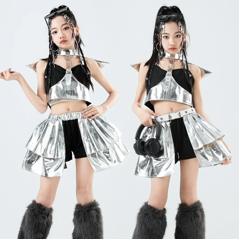 

Модель серебряной технологии, подиумный сценический наряд, детский джазовый костюм для выступлений