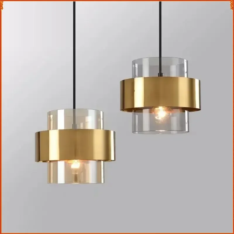 Modern Gold Cylindrical Glass Led Pendant Lights Nordic Living Room Dining Room Lustre Kitchen Hanging Lamps Home Decor Fixtures