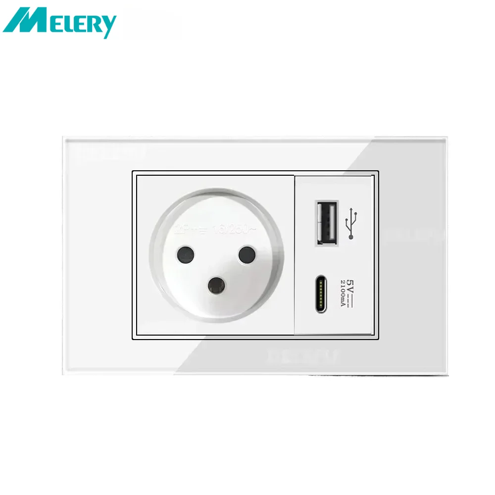 Tomada Elétrica de Parede Melery 120*72mm com Vidro Temperado, Saída de 16A para Israel, Estrutura de PC e USB 2100mA Tipo-C para Casa e Escritório