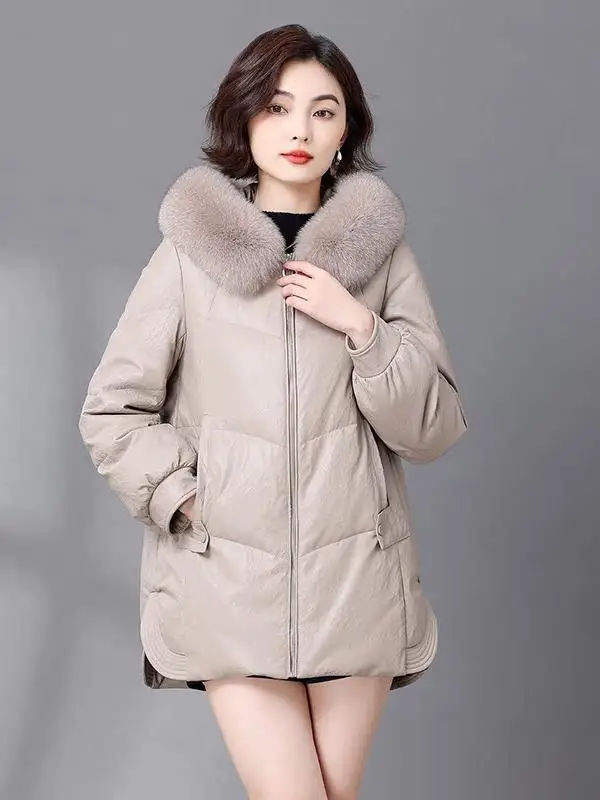 Haining Genuine Leather down Jaet Women's ort Sle Thiened Winter Coat eepskin  Fur Coat Zipper Closure Long Sve