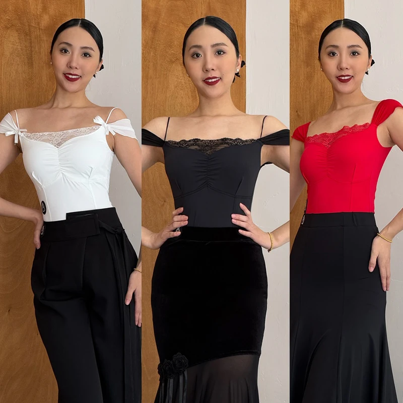 

Summer Latin Dance Tops Women Ballroom Dance Practice Training Clothes Red Black White Lace Onesie Rumba Salsa Dance Wear L15973
