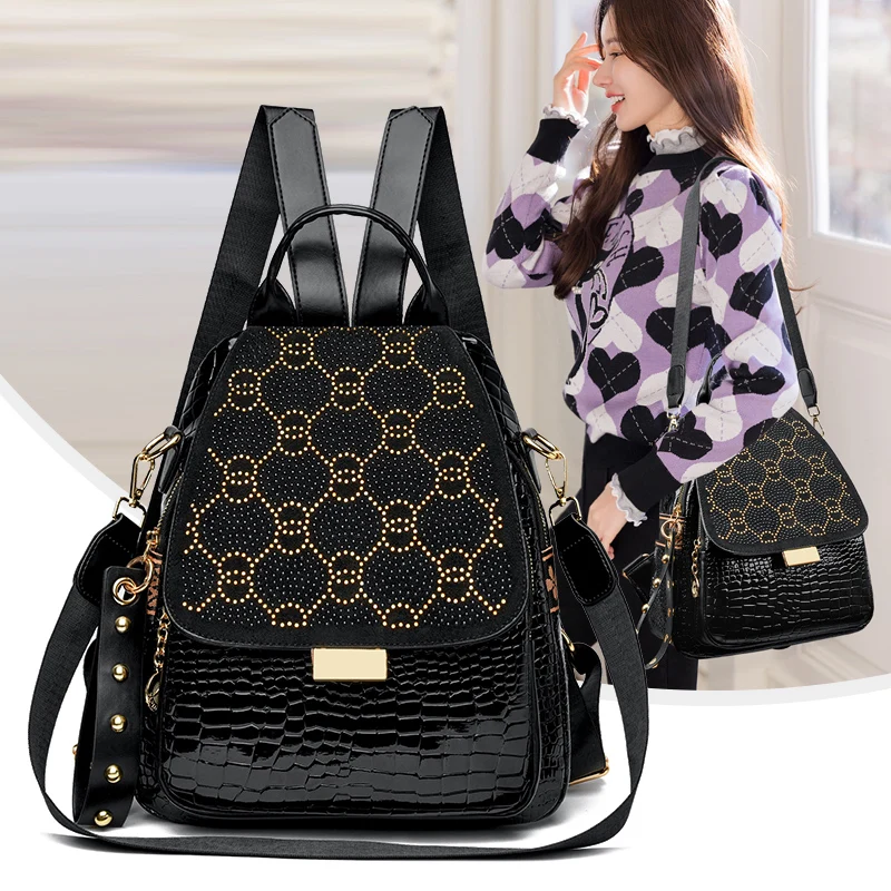 حقيبة ظهر جلدية فاخرة من الشمع الزيتي للنساء، حقيبة كتف عصرية ذات سعة كبيرة، حقيبة نهارية كاجوال أنيقة للسفر، متينة وحقيبة ظهر #1