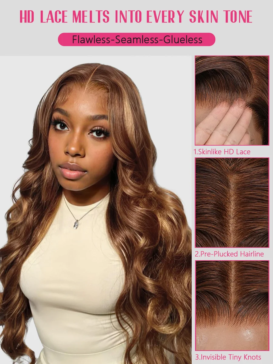 Body Wave 40 Inches Long-length 200% High Density 13x6 13x4 HD Transparent Lace Frontal Wig Highlight Piano Color P4/27 Human Hair Wigs For Women Brazilian Hair Pre Plucked