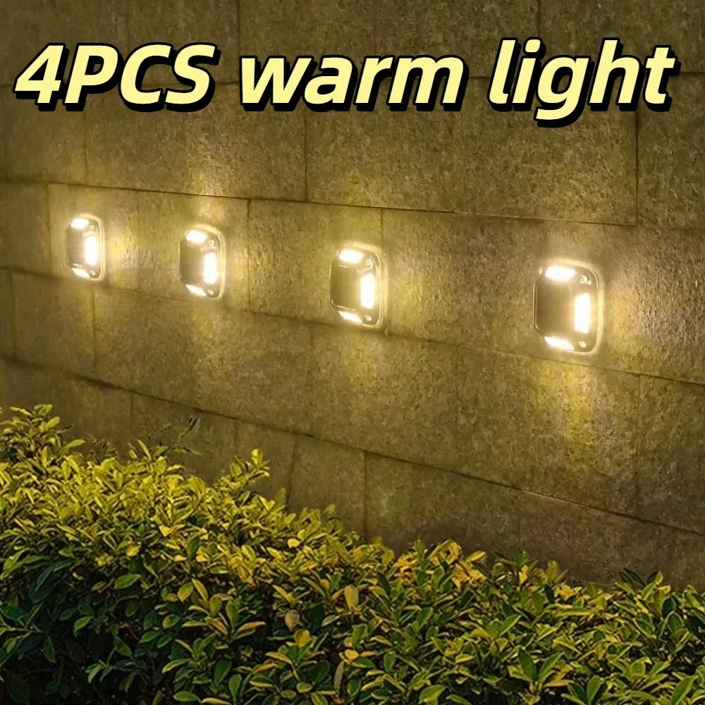 

4 шт. 8-диодные солнечные светильники для газона, водонепроницаемые, из нержавеющей стали, встраиваемые, теплый/белый свет, настенный светильник