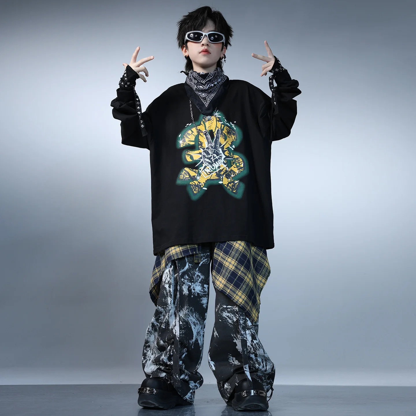 Kid Kpop Hip Hop Kleding Zwart Sweatshirt Casual Brede Band Print Cargo Broek voor Meisje Jongen Street Dance Wear Kostuums Kleding