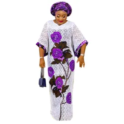 Vestidos de encaje blancos para mujer, Túnica de turbante con estampado africano Floral Boubou, Hijab musulmán Abayas, Kaftan de Ankara, nigeriano, 2023