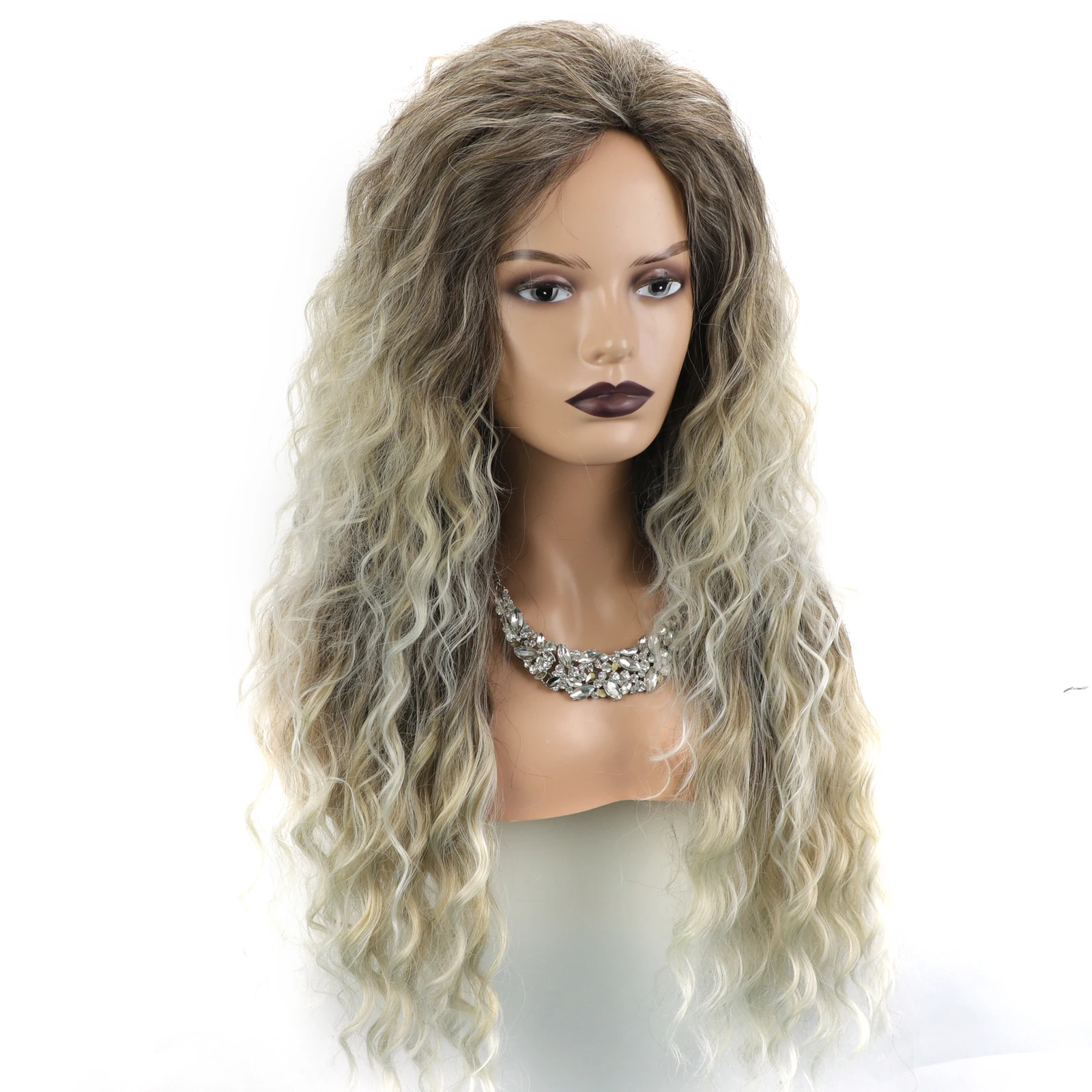 Women\'s Long Curly Synthetic Wig with Side Bangs Fashion Blonde & Brown Water Wave Hair Costume Party Wig for Women Perruque