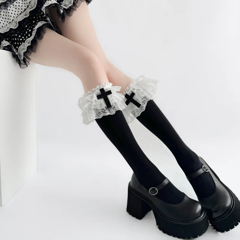 Girls Elegant Ballet Inspired Lolita Mid Calf Socks Thick Large Lace Frill Hem Pretty Bow Accessory Versatile Stockings Sweet