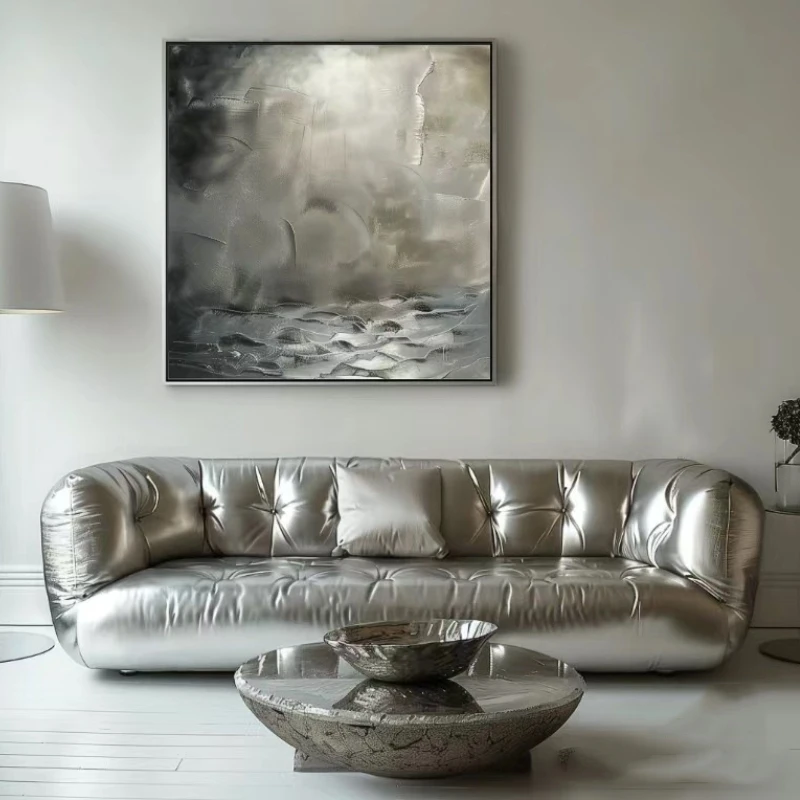 Minimalist future punk style niche designer studio store lobby silver pearlescent leather sofa